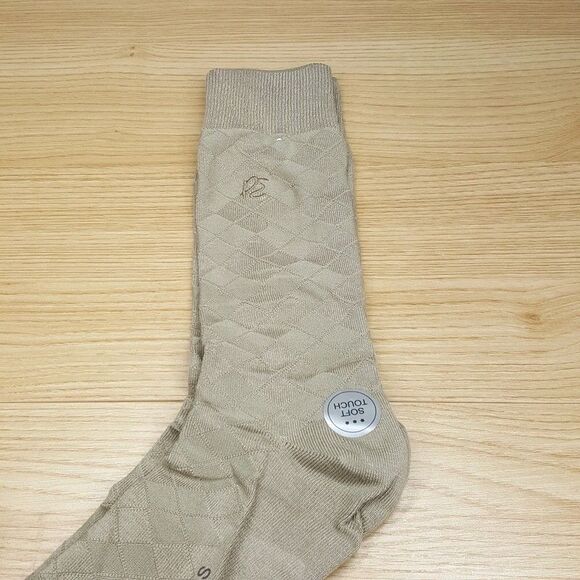 PERRY ELLIS Mens Crew Dress Socks Solid Tan Diamond Print Soft Touch - Picture 2 of 3